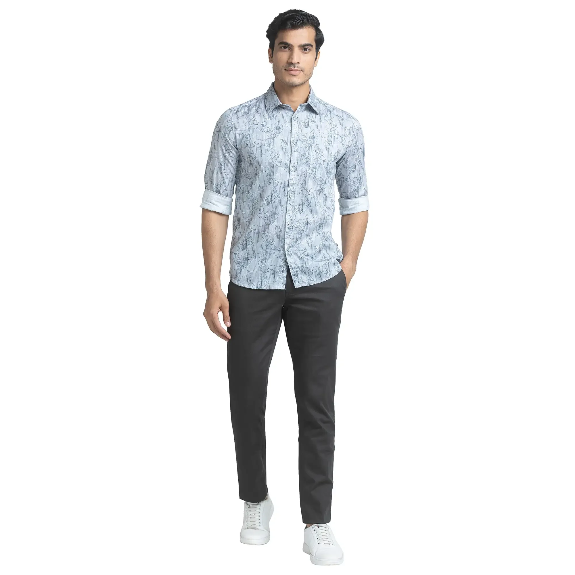 Men Grey Slim Fit Print Cotton Full Sleeve Shirts - Image 4