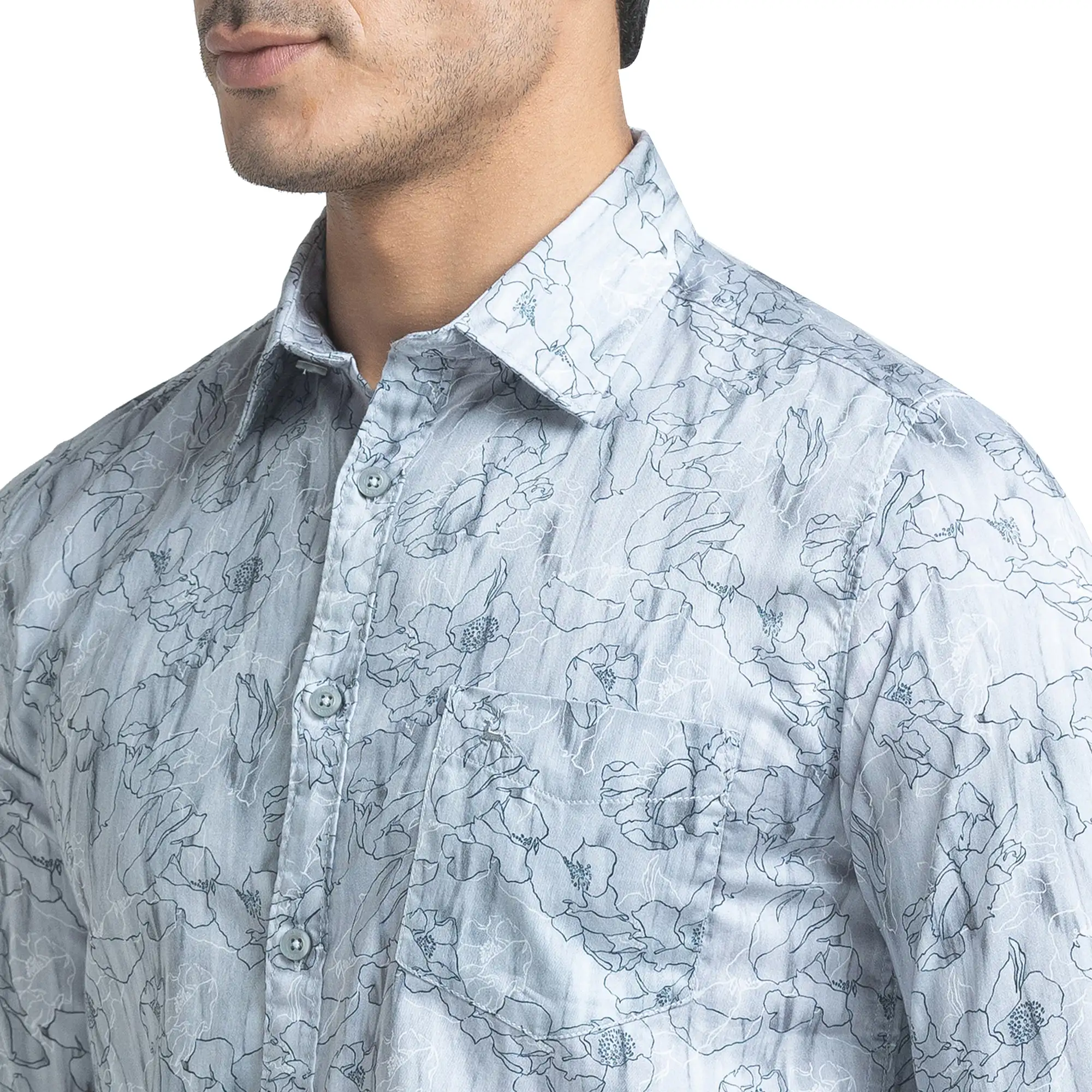 Men Grey Slim Fit Print Cotton Full Sleeve Shirts - Image 5