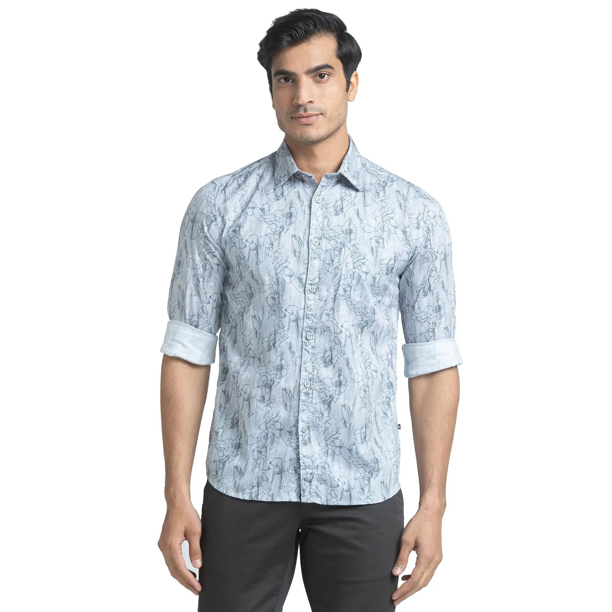 Men Grey Slim Fit Print Cotton Full Sleeve Shirts - Image 6