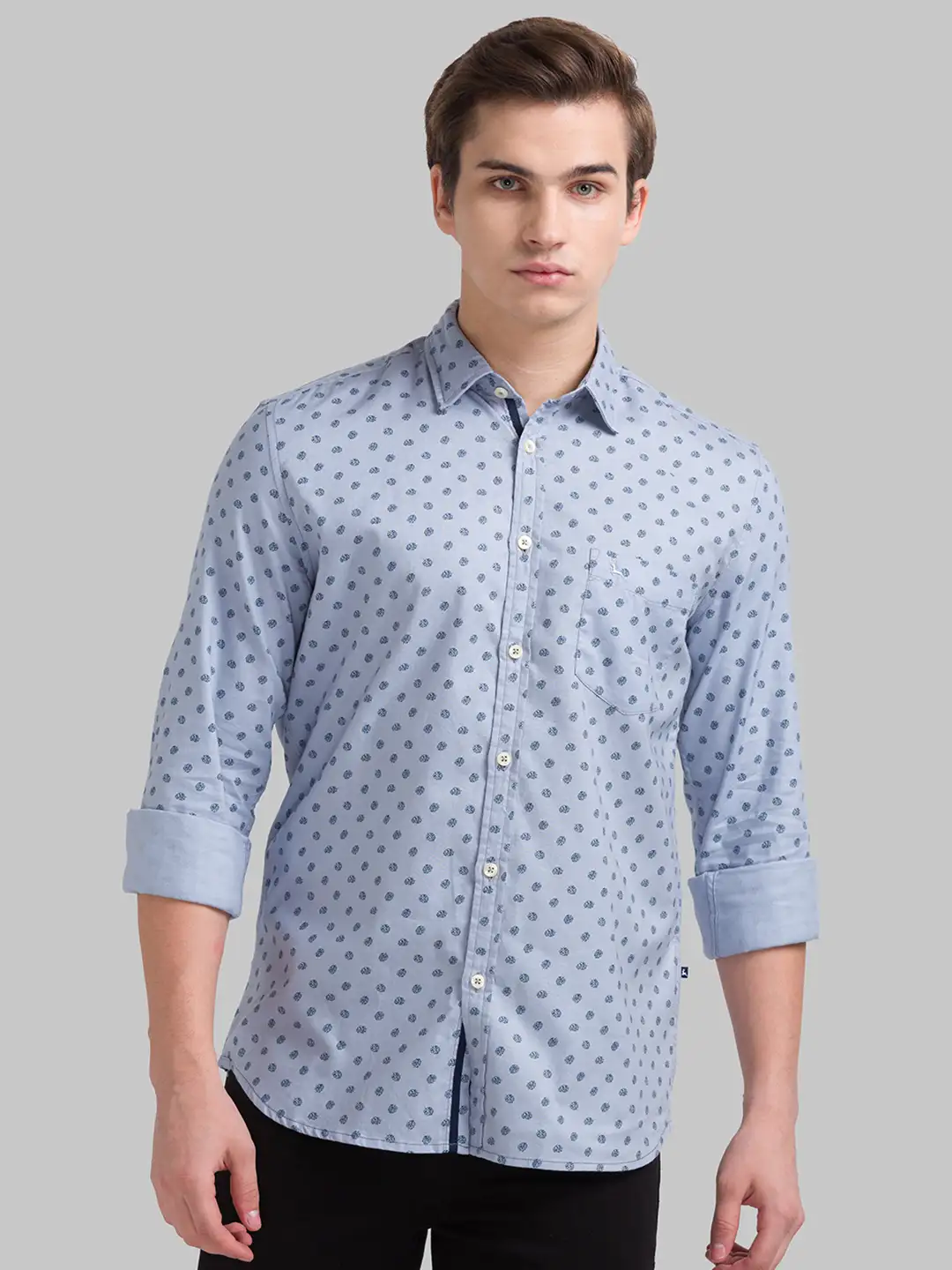 Men Grey Slim Fit Print Cotton Full Sleeve Shirts