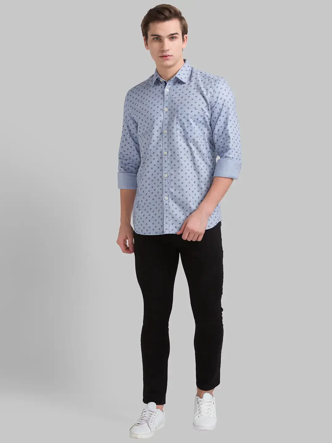 Men Grey Slim Fit Print Cotton Full Sleeve Shirts - Image 4