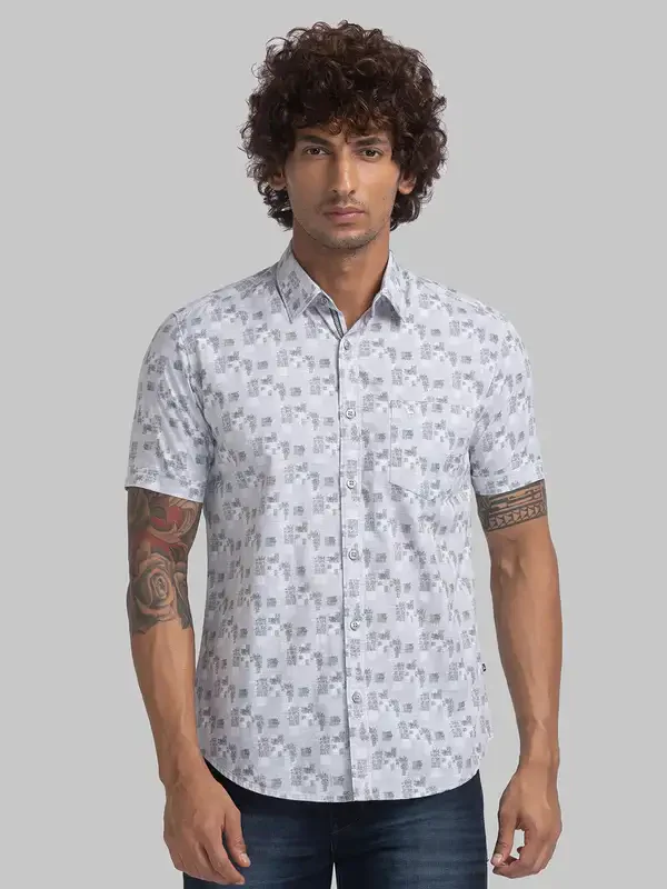Men Grey Slim Fit Print Cotton Half Sleeve Shirts
