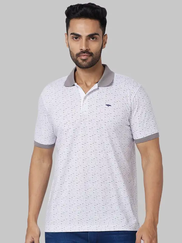 Men Grey Slim Fit Print Cotton Polyester Blend Round Neck Collar Polo T-Shirt