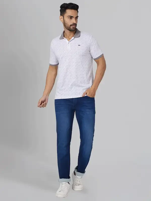Men Grey Slim Fit Print Cotton Polyester Blend Round Neck Collar Polo T-Shirt - Image 5