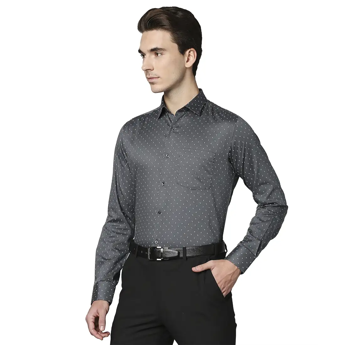 Men Grey Slim Fit Print Cotton Shirts - Image 3