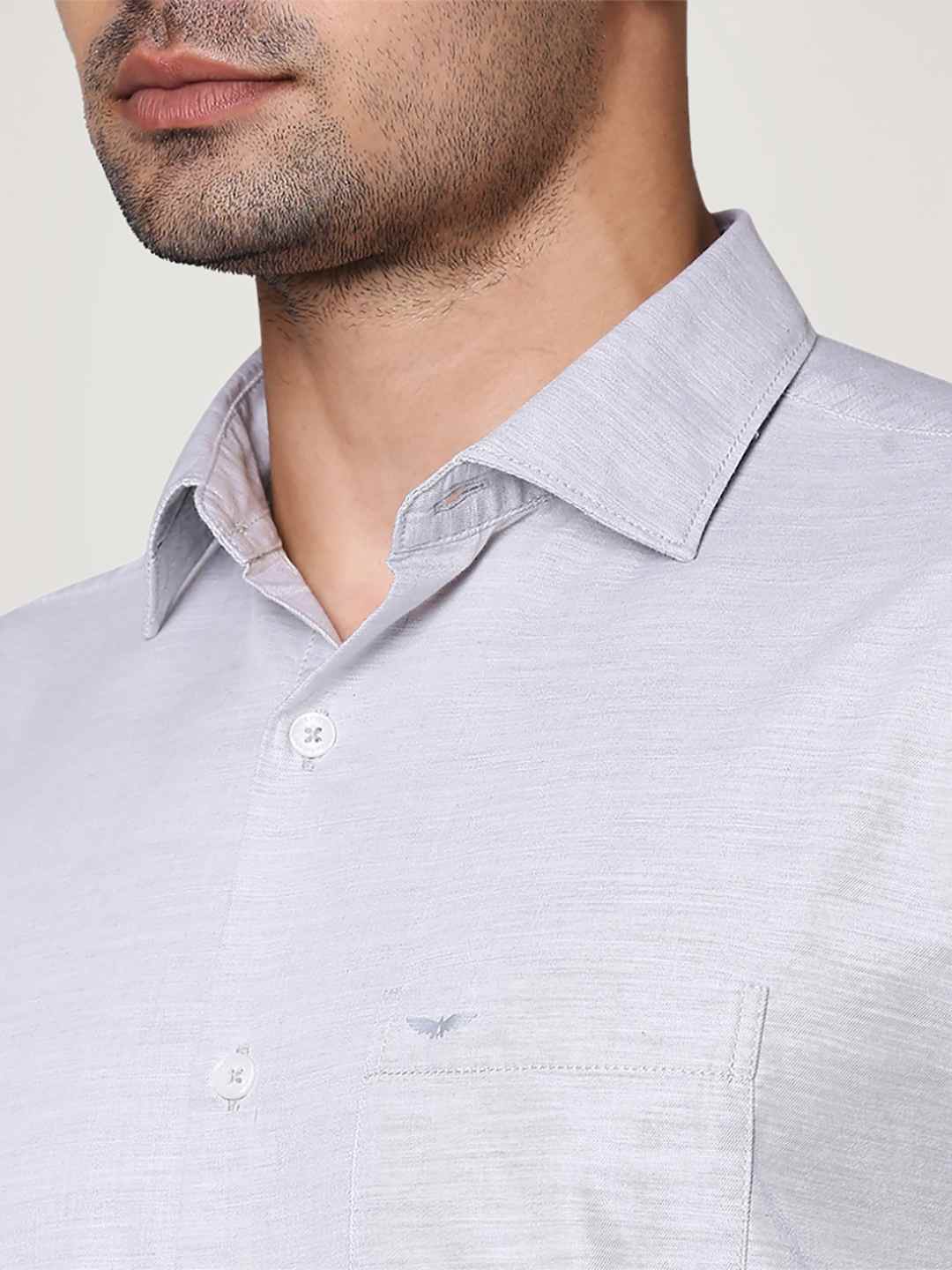 Men Grey Slim Fit Solid Cotton Cut Away Collar Shirts