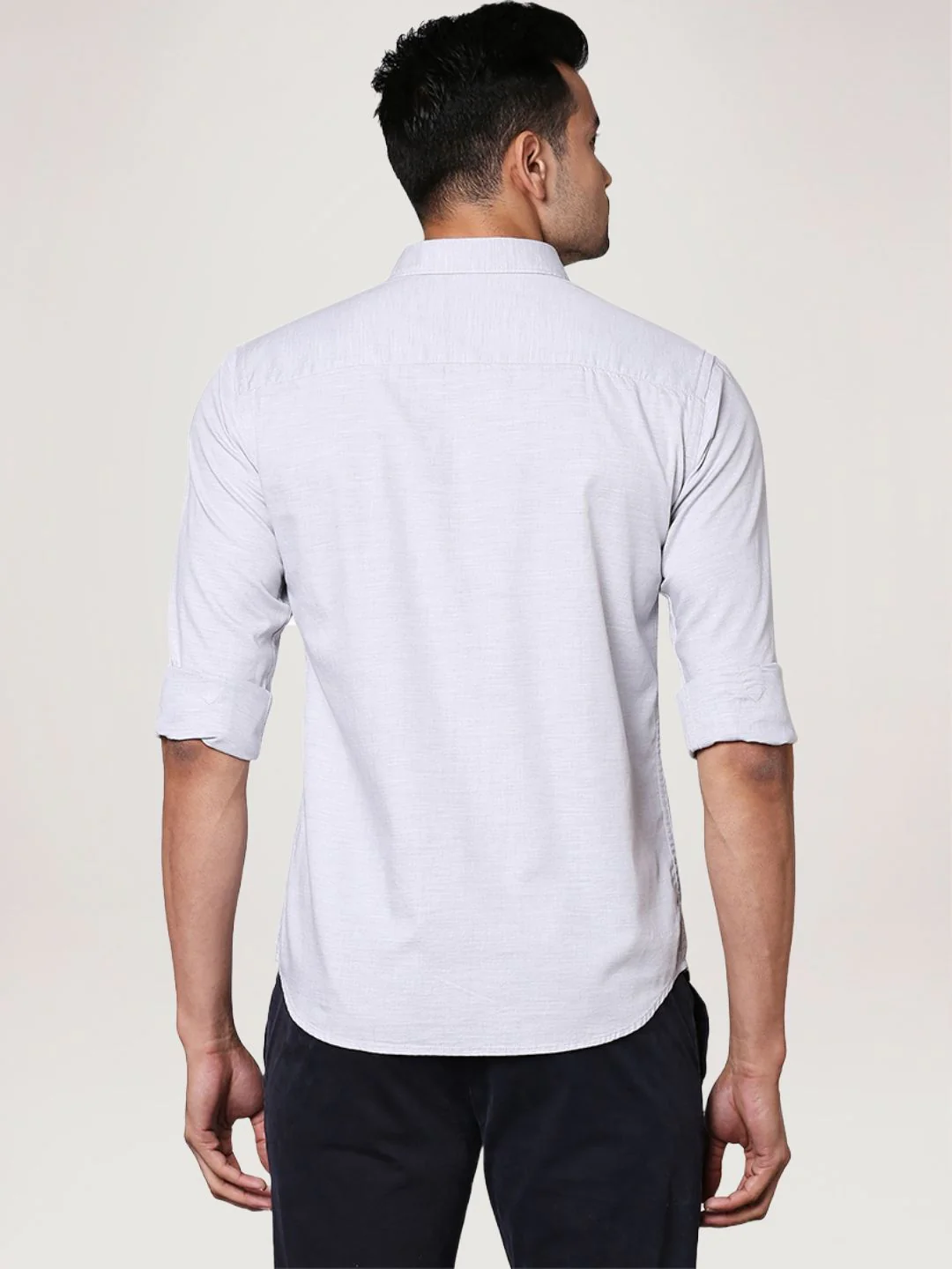 Men Grey Slim Fit Solid Cotton Cut Away Collar Shirts - Image 3