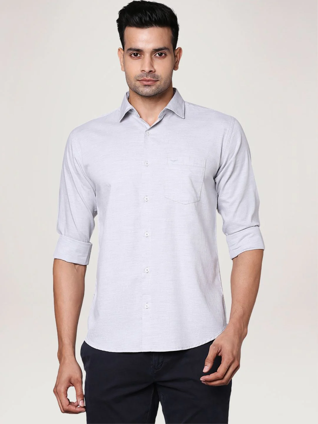 Men Grey Slim Fit Solid Cotton Cut Away Collar Shirts - Image 4