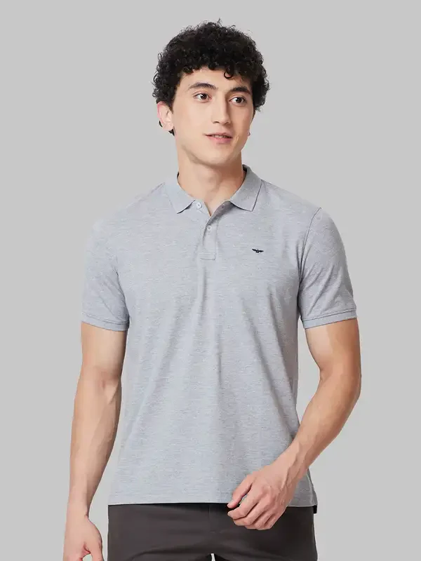 Men Grey Slim Fit Solid Polyester Blend Round Neck Collar Polo T-Shirt