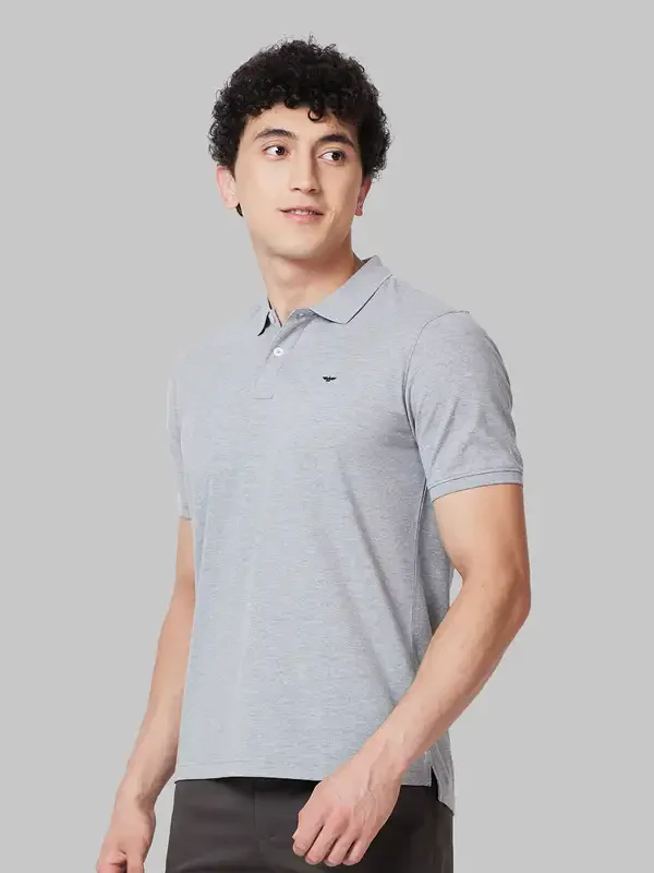 Men Grey Slim Fit Solid Polyester Blend Round Neck Collar Polo T-Shirt - Image 3