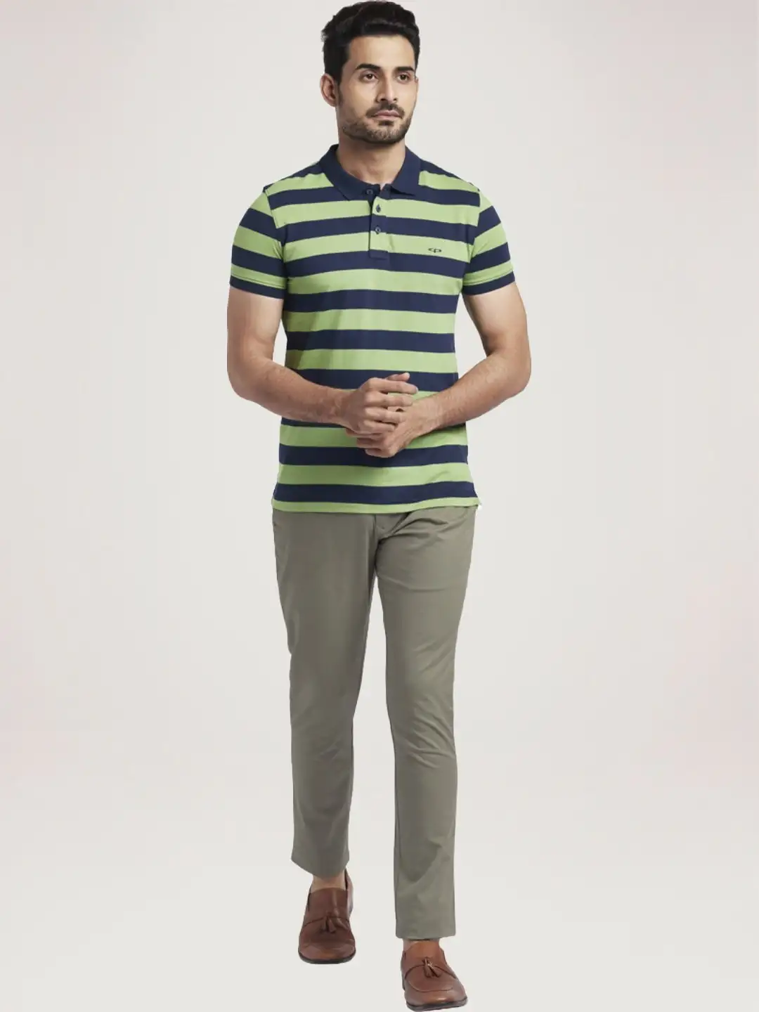 Men Grey Slim Fit Stripe Cotton Half Sleeve T-Shirt - Image 2
