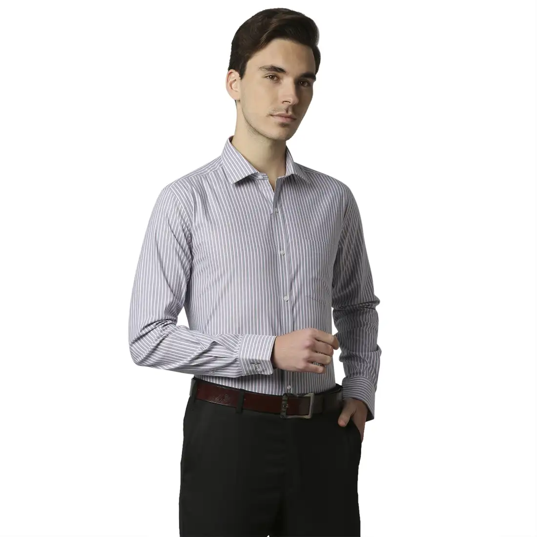 Men Grey Slim Fit Stripe Cotton Shirts - Image 2
