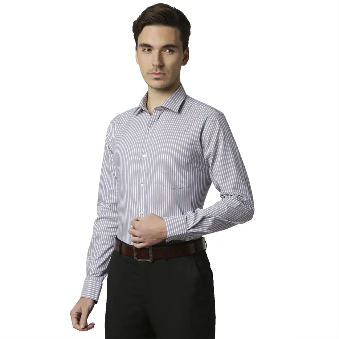 Men Grey Slim Fit Stripe Cotton Shirts - Image 3