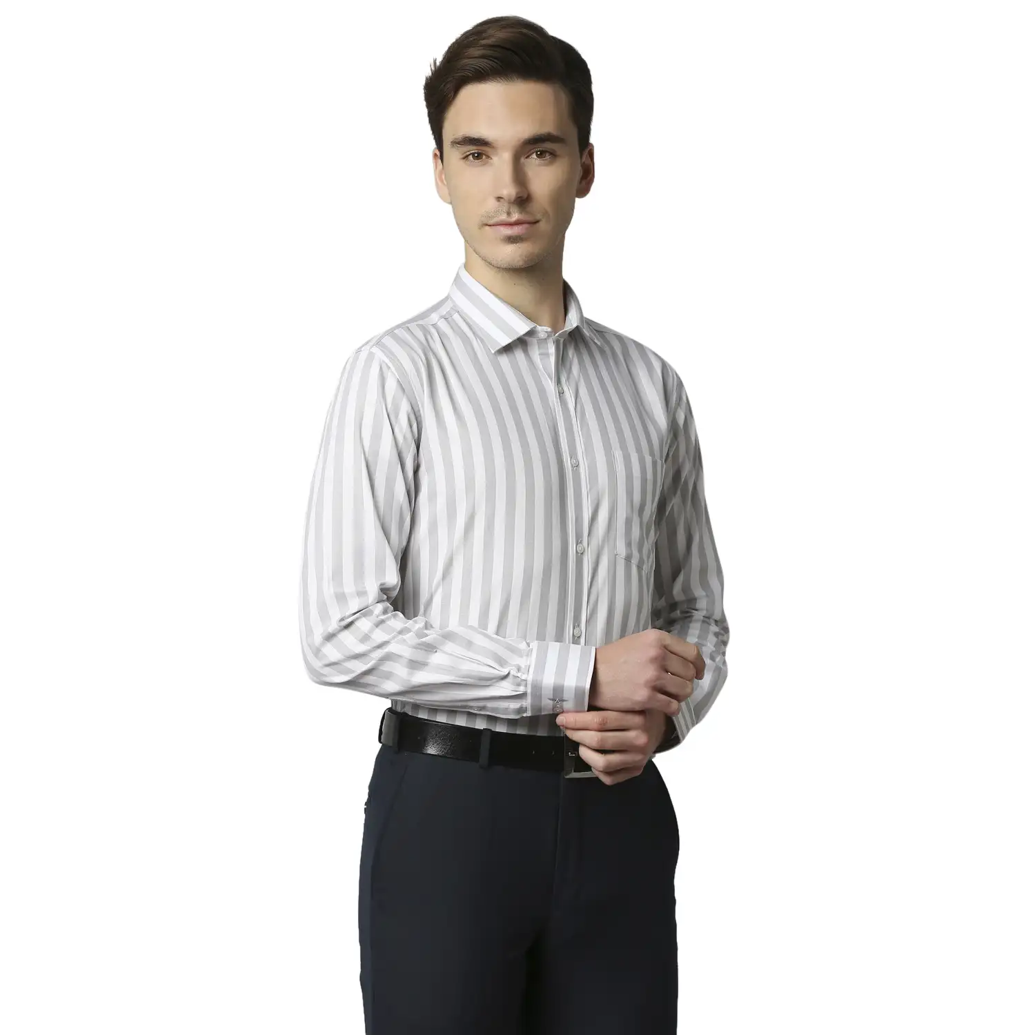 Men Grey Slim Fit Stripe Cotton Shirts - Image 2