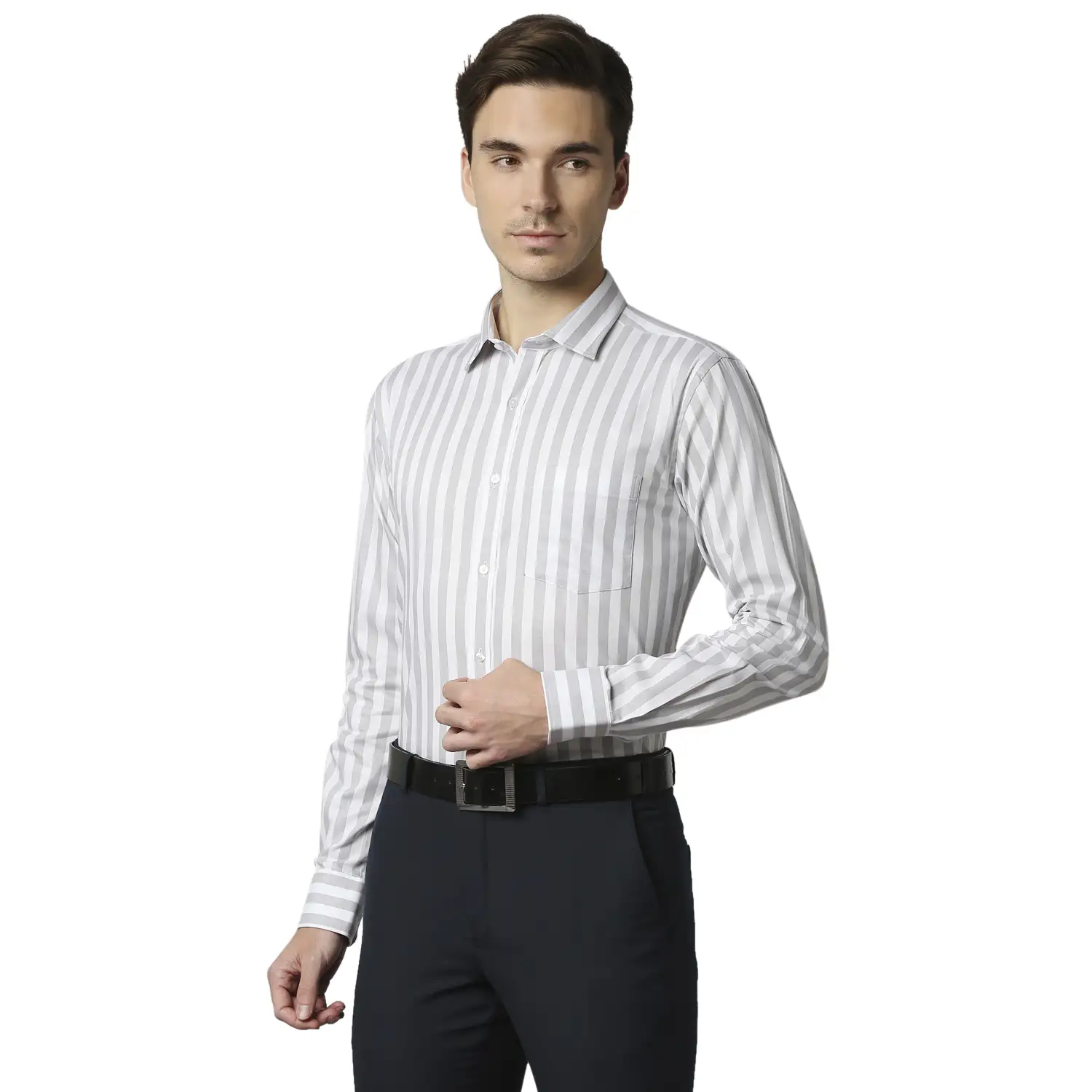 Men Grey Slim Fit Stripe Cotton Shirts - Image 3