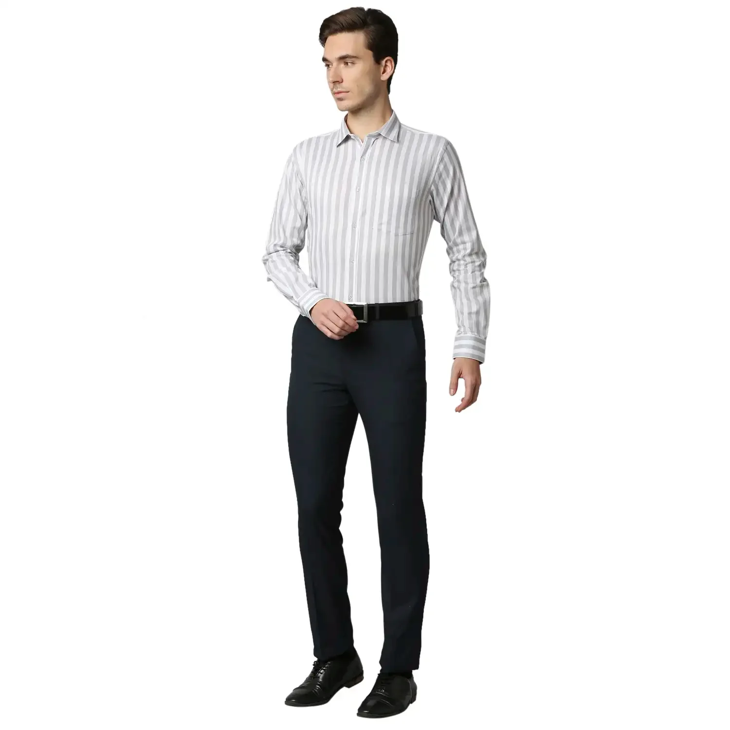 Men Grey Slim Fit Stripe Cotton Shirts - Image 5