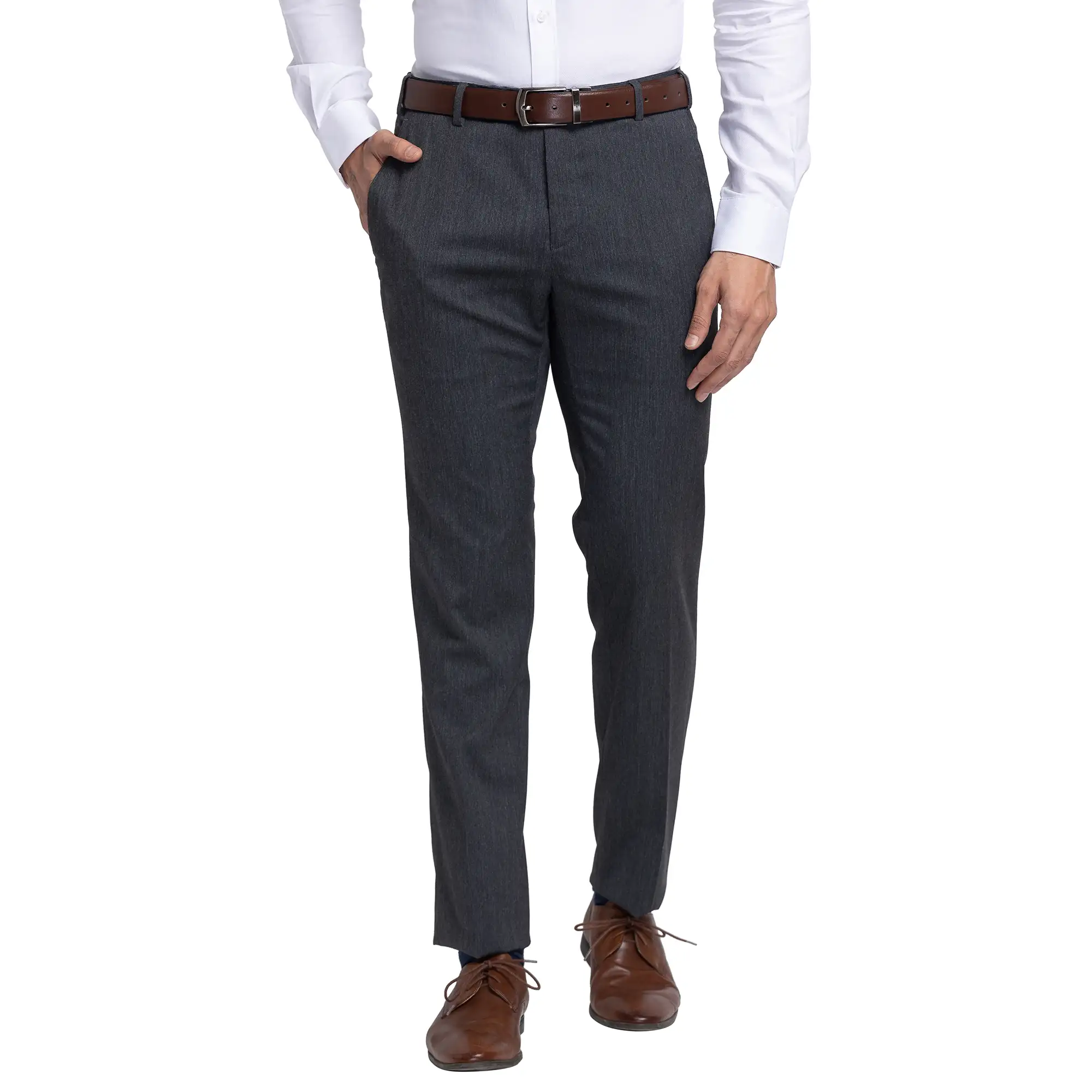 Men Grey Slim Fit Stripe Polyester Blend Trouser