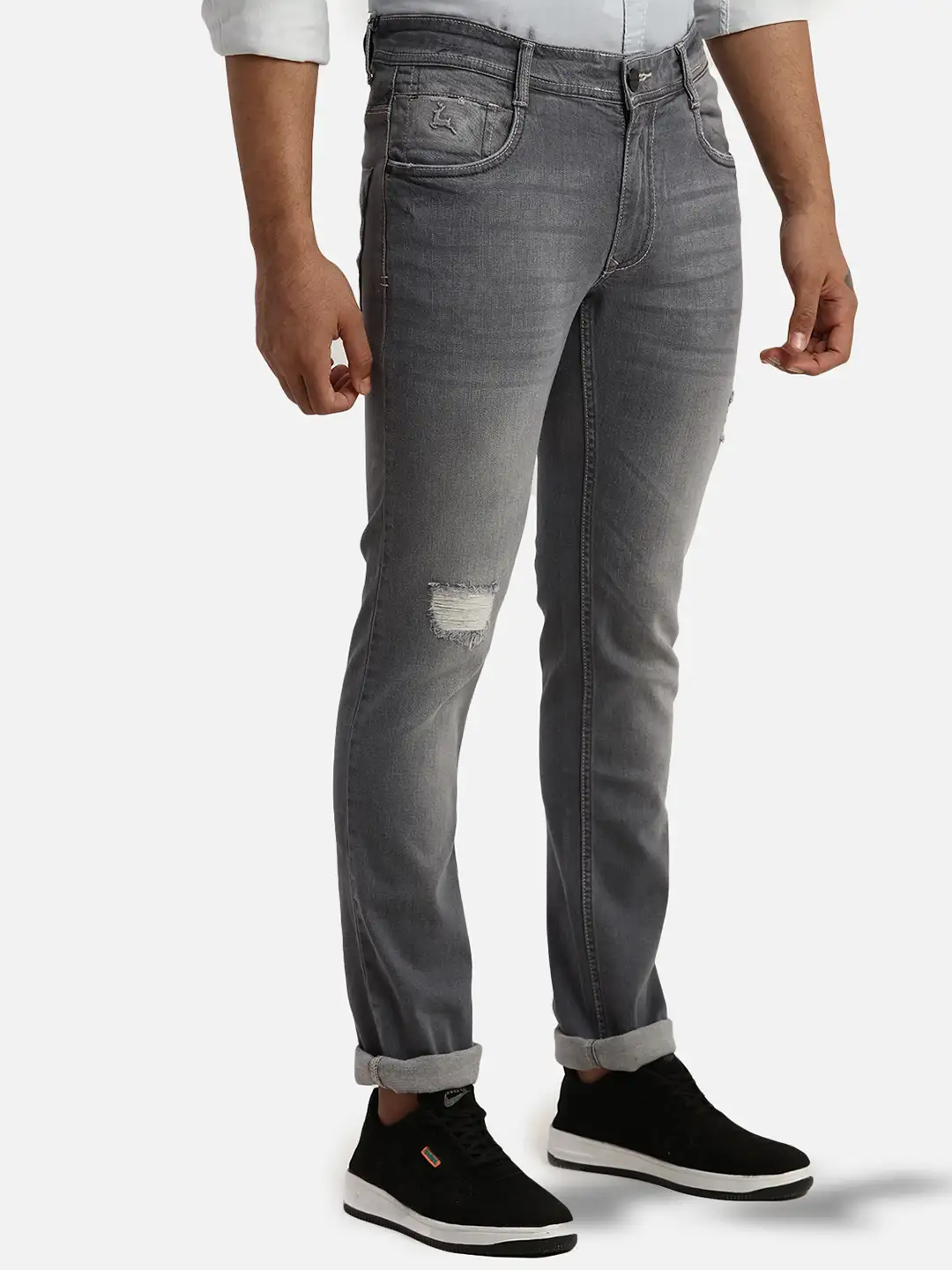 Men Grey Slim Tapered Fit Jacquard Cotton Blend Jeans - Image 2