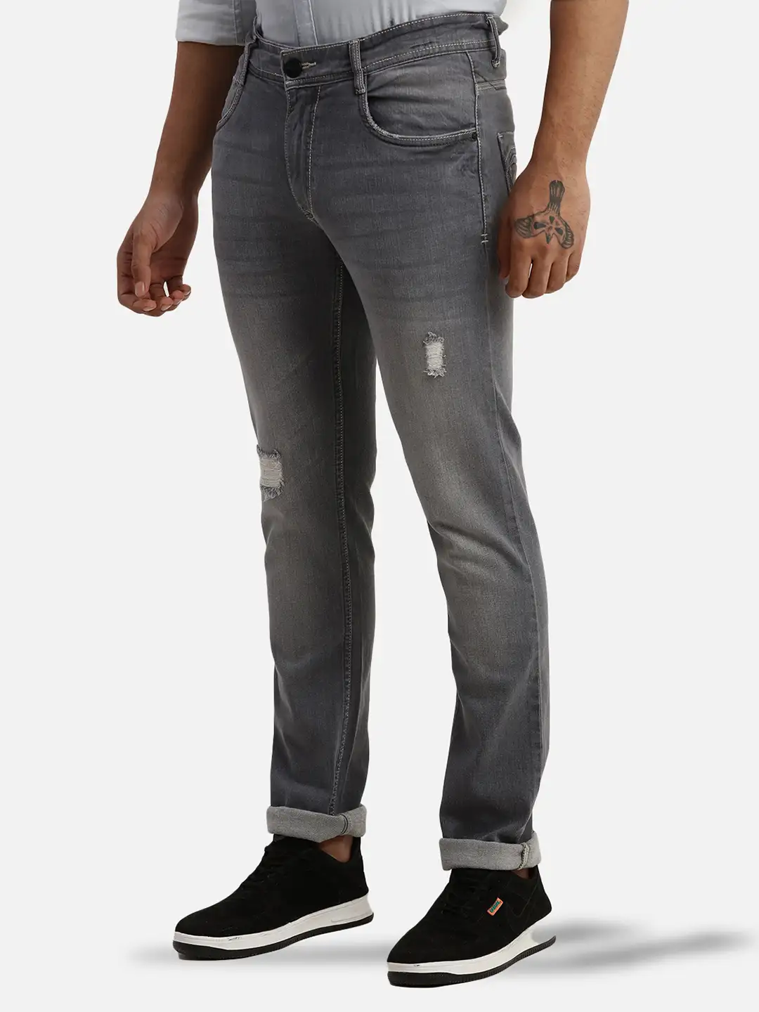 Men Grey Slim Tapered Fit Jacquard Cotton Blend Jeans - Image 3