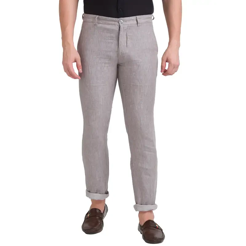 Men Grey Slim Tapered Fit Yarn Dyed Linen Trouser