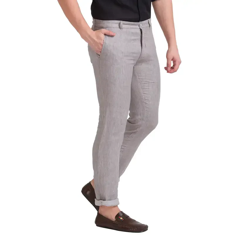 Men Grey Slim Tapered Fit Yarn Dyed Linen Trouser - Image 2