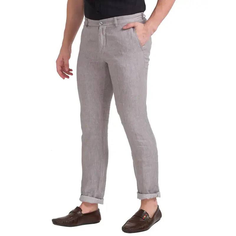 Men Grey Slim Tapered Fit Yarn Dyed Linen Trouser - Image 3