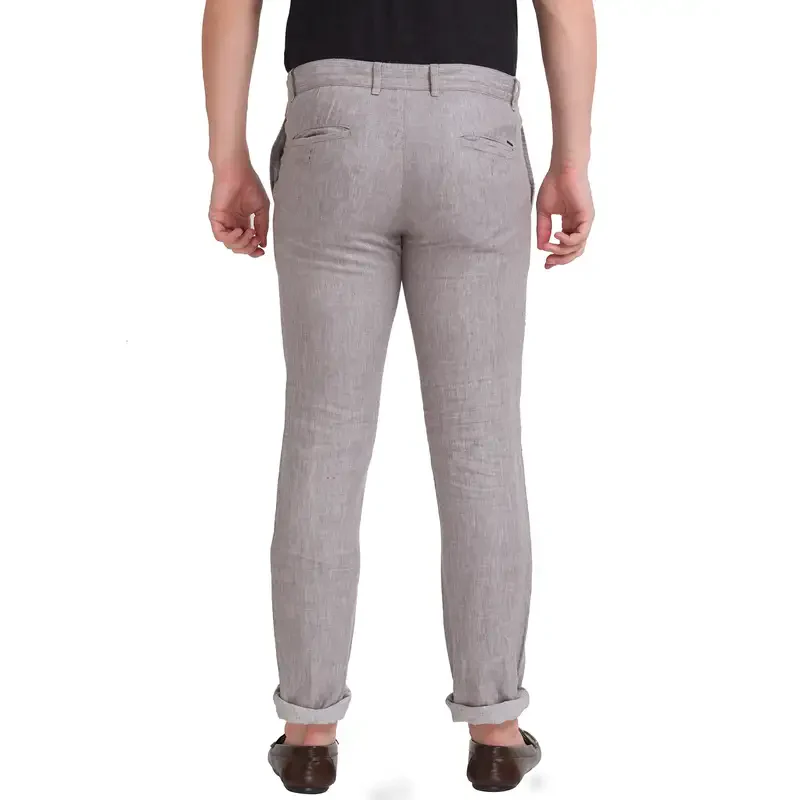 Men Grey Slim Tapered Fit Yarn Dyed Linen Trouser - Image 4