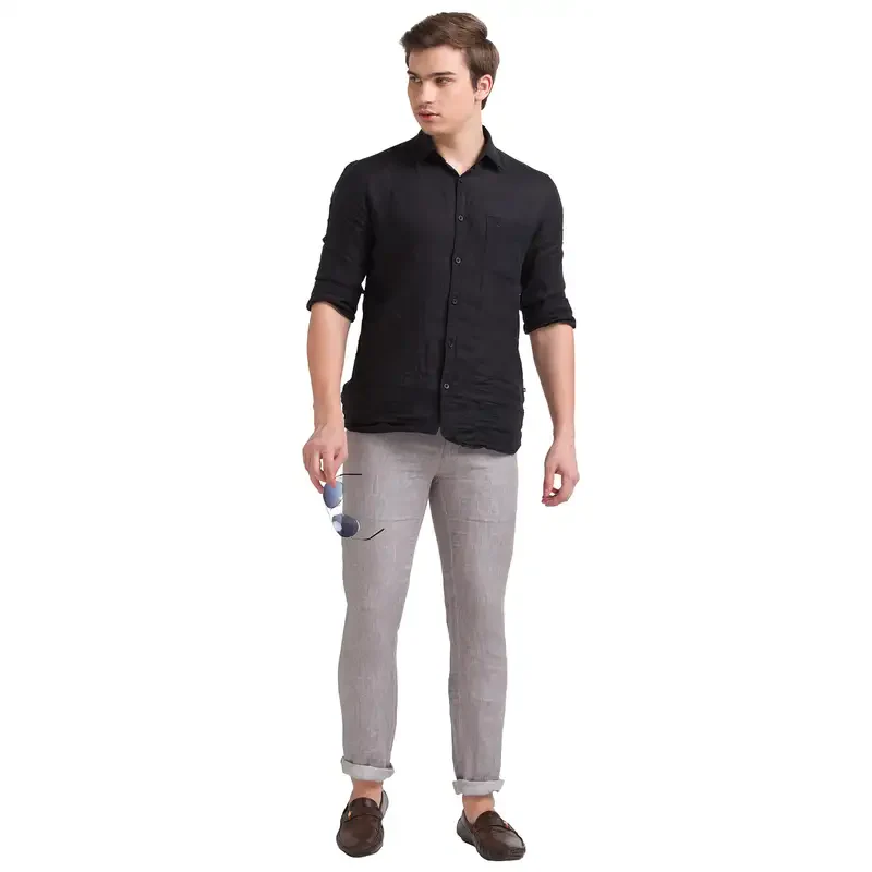Men Grey Slim Tapered Fit Yarn Dyed Linen Trouser - Image 5