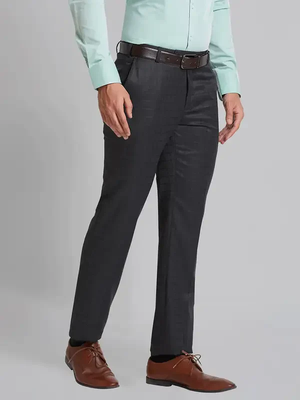 Men Grey Smart Fit Checks Polyester Blend Trouser - Image 2