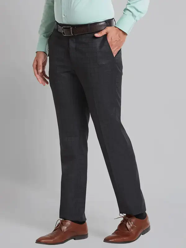 Men Grey Smart Fit Checks Polyester Blend Trouser - Image 3