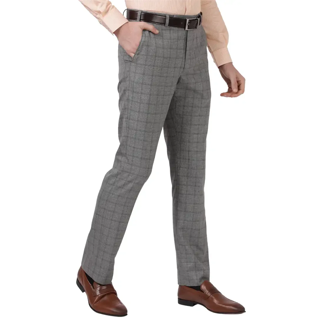 Men Grey Smart Fit Checks Polyester Blend Trouser - Image 2