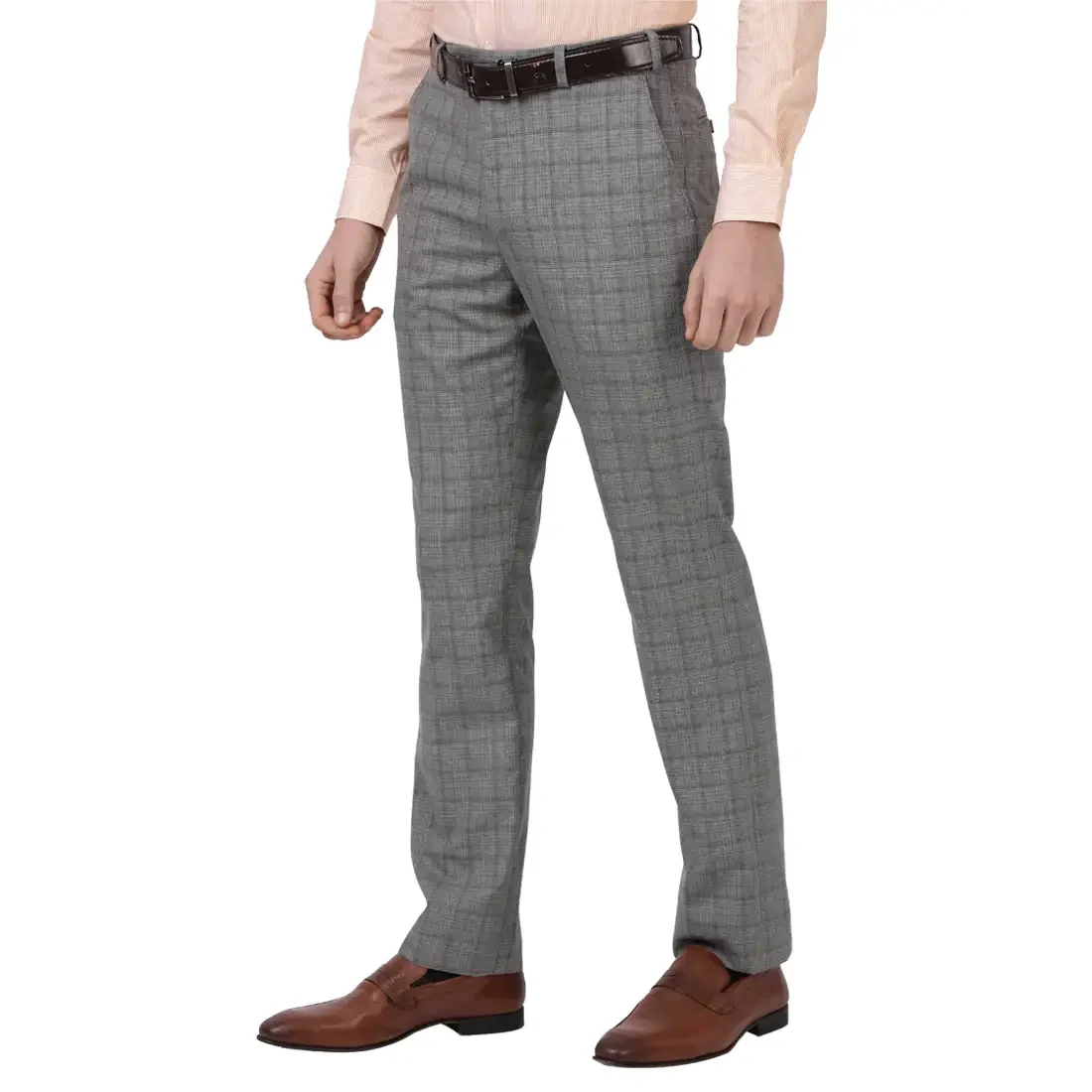 Men Grey Smart Fit Checks Polyester Blend Trouser - Image 3