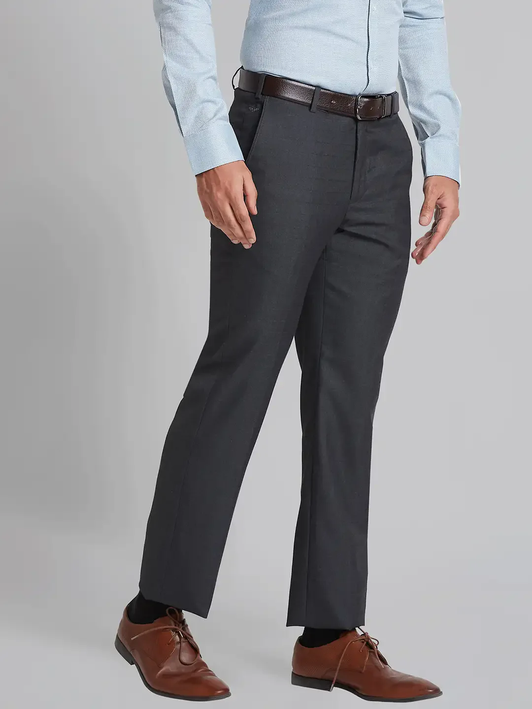 Men Grey Smart Fit Checks Polyester Blend Trouser - Image 2