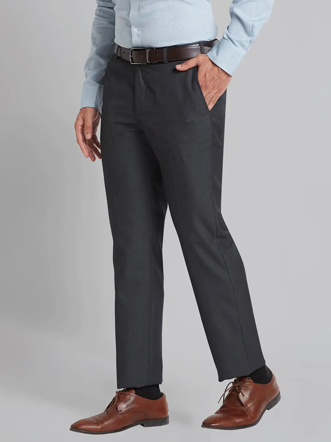 Men Grey Smart Fit Checks Polyester Blend Trouser - Image 3