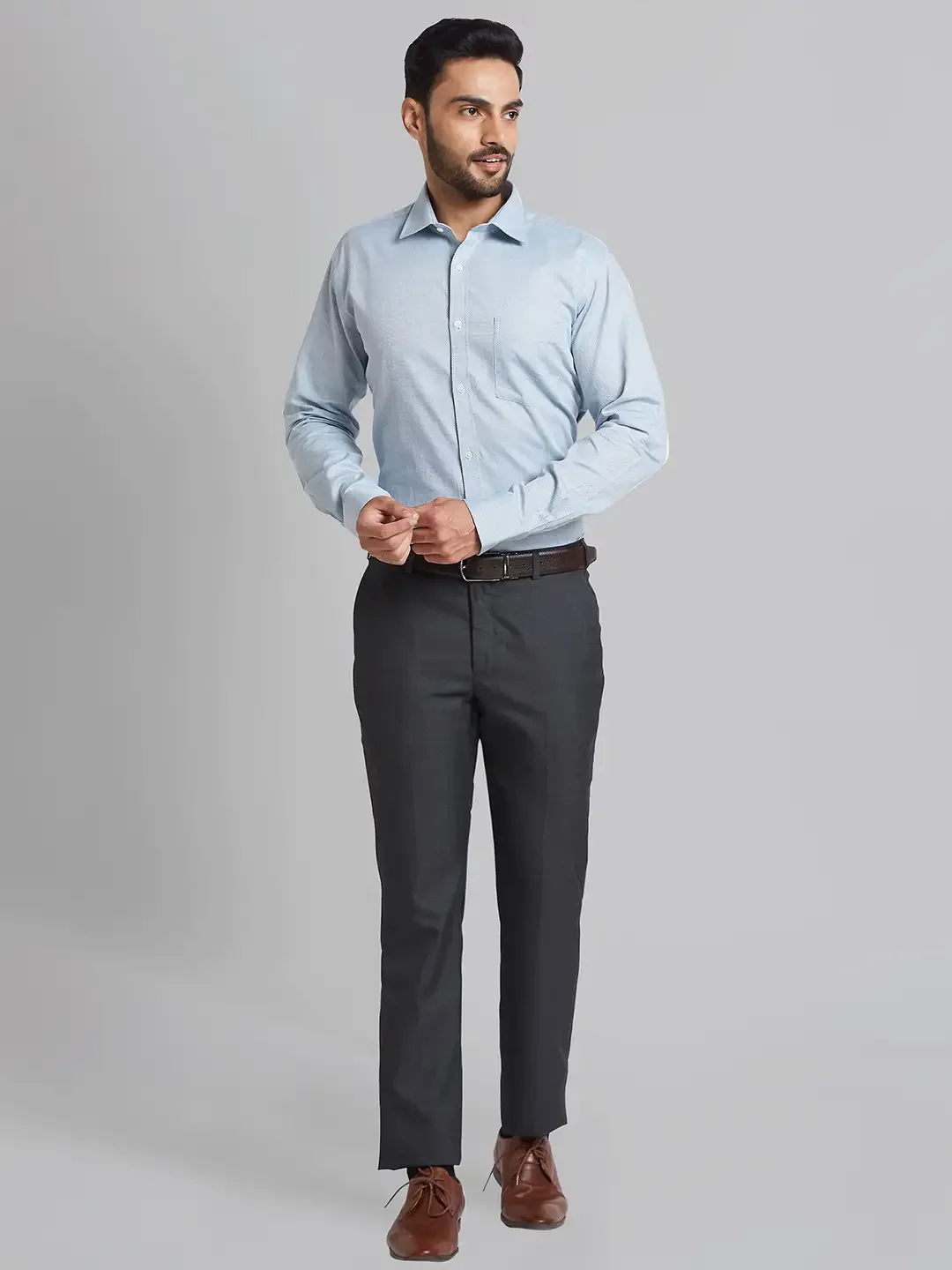 Men Grey Smart Fit Checks Polyester Blend Trouser - Image 5