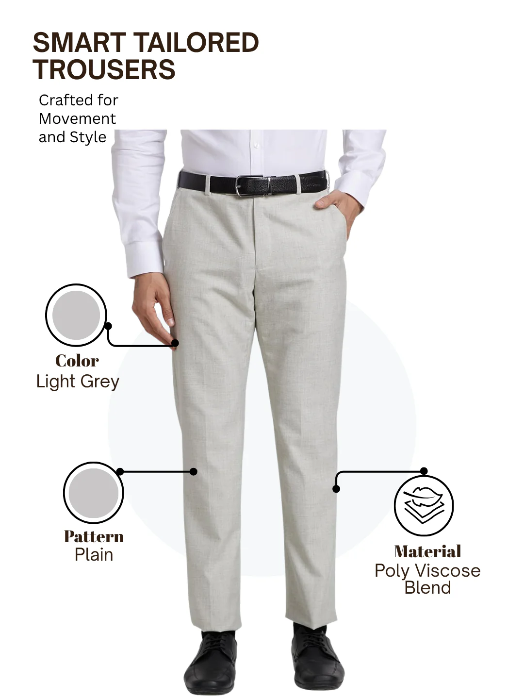 Park Avenue Men Grey Smart Fit Plain Trouser - Image 4