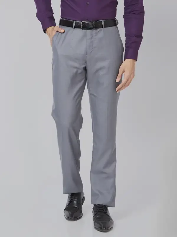 Men Grey Smart Fit Structure Polyester Blend Trouser