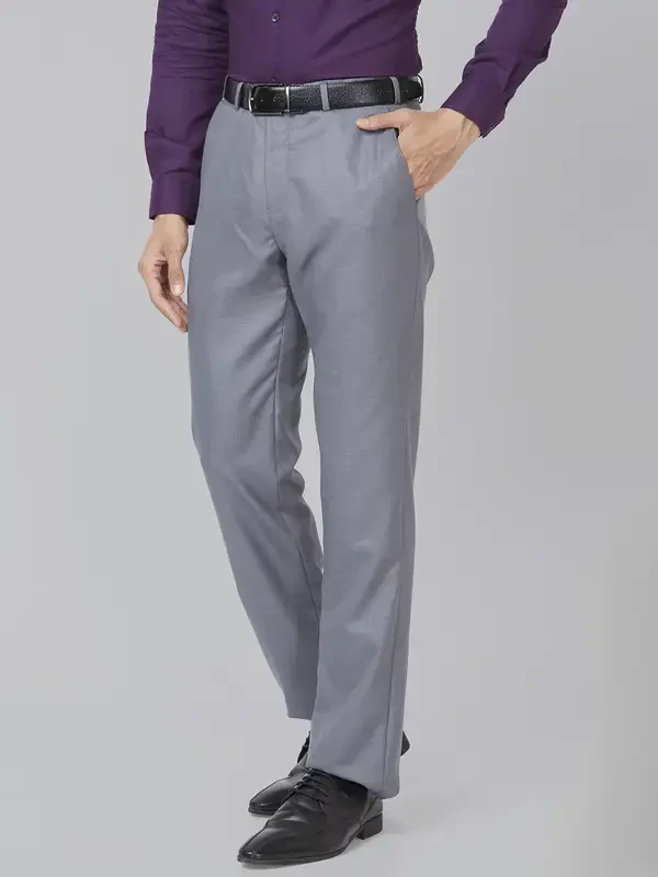 Men Grey Smart Fit Structure Polyester Blend Trouser - Image 3