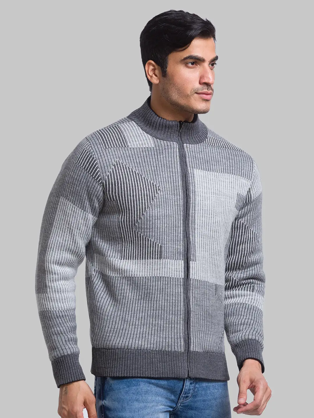 Men Grey Solid Acrylic Full Sleeve Sweaters - Image 2