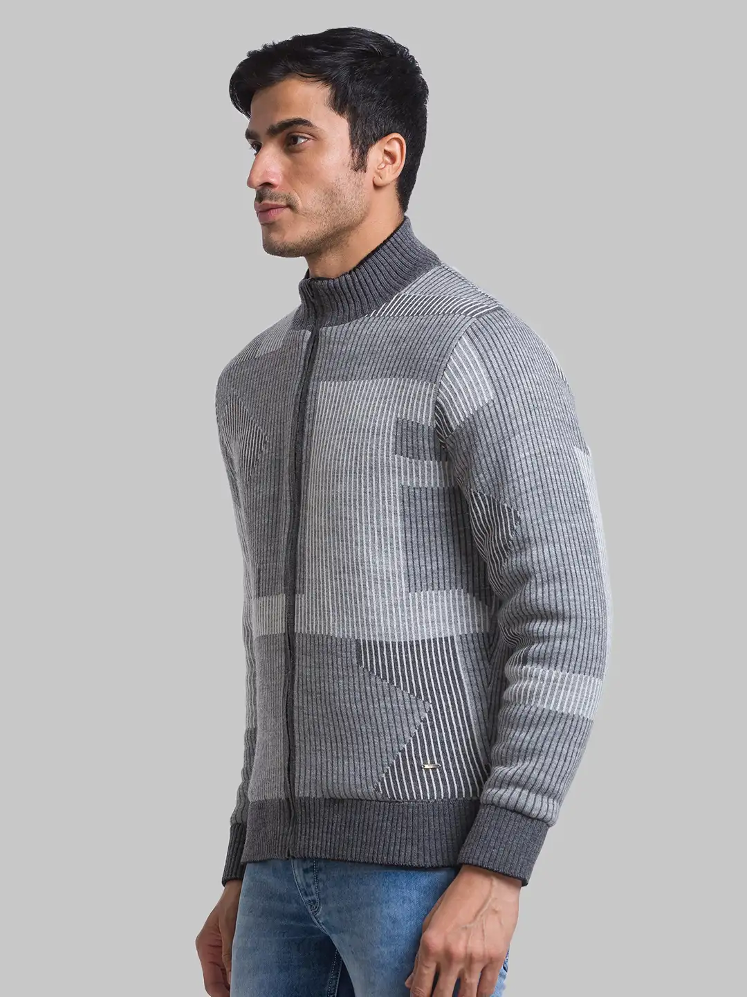 Men Grey Solid Acrylic Full Sleeve Sweaters - Image 3