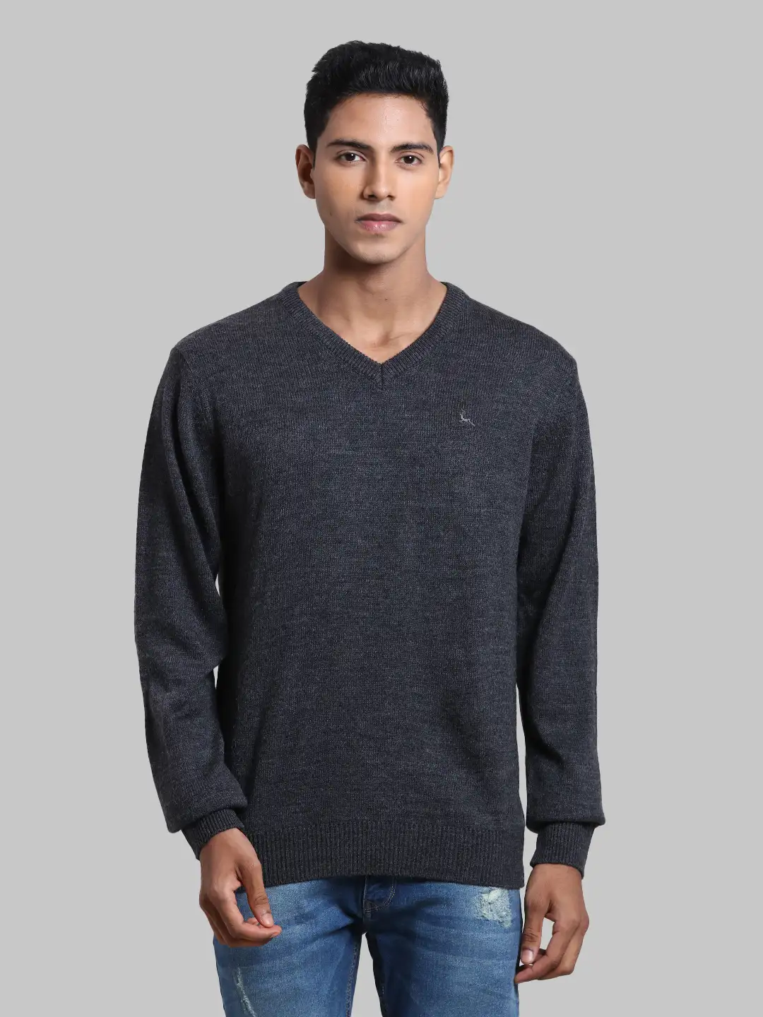 Men Grey Solid Acrylic Full Sleeve Sweaters