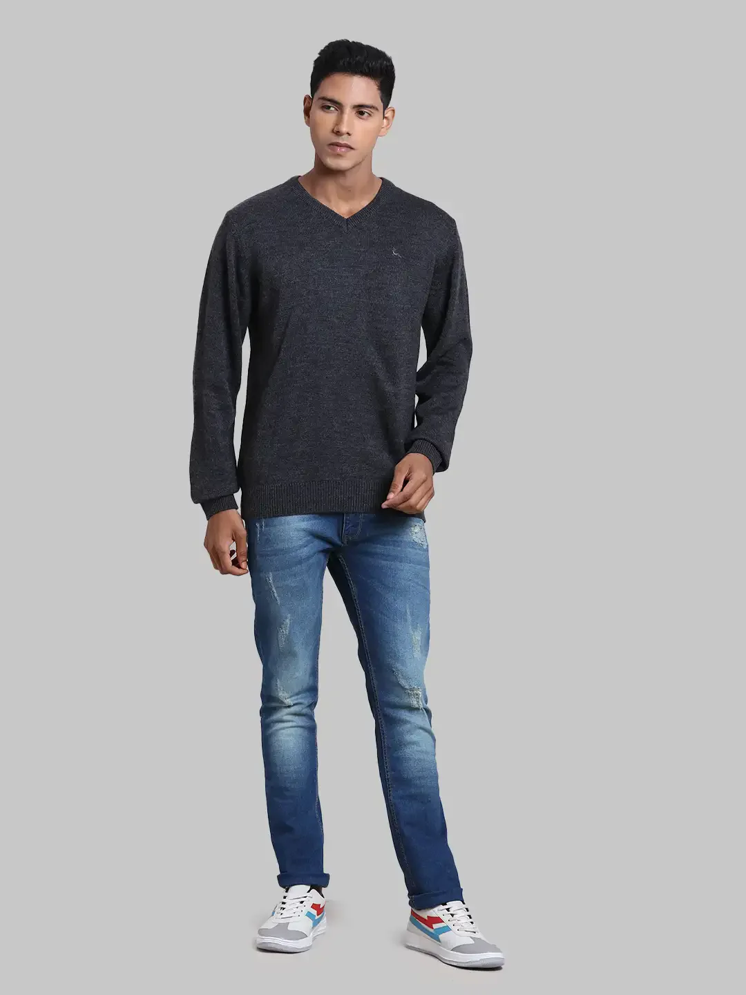 Men Grey Solid Acrylic Full Sleeve Sweaters - Image 5
