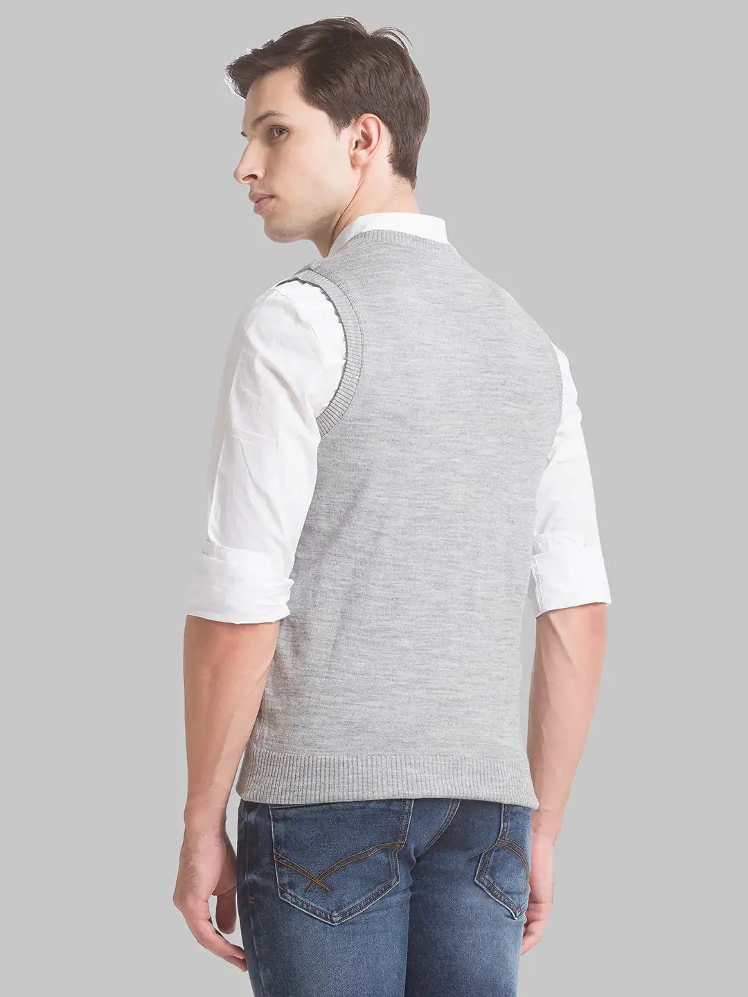 Men Grey Solid Acrylic Sleeveless Sweaters - Image 4