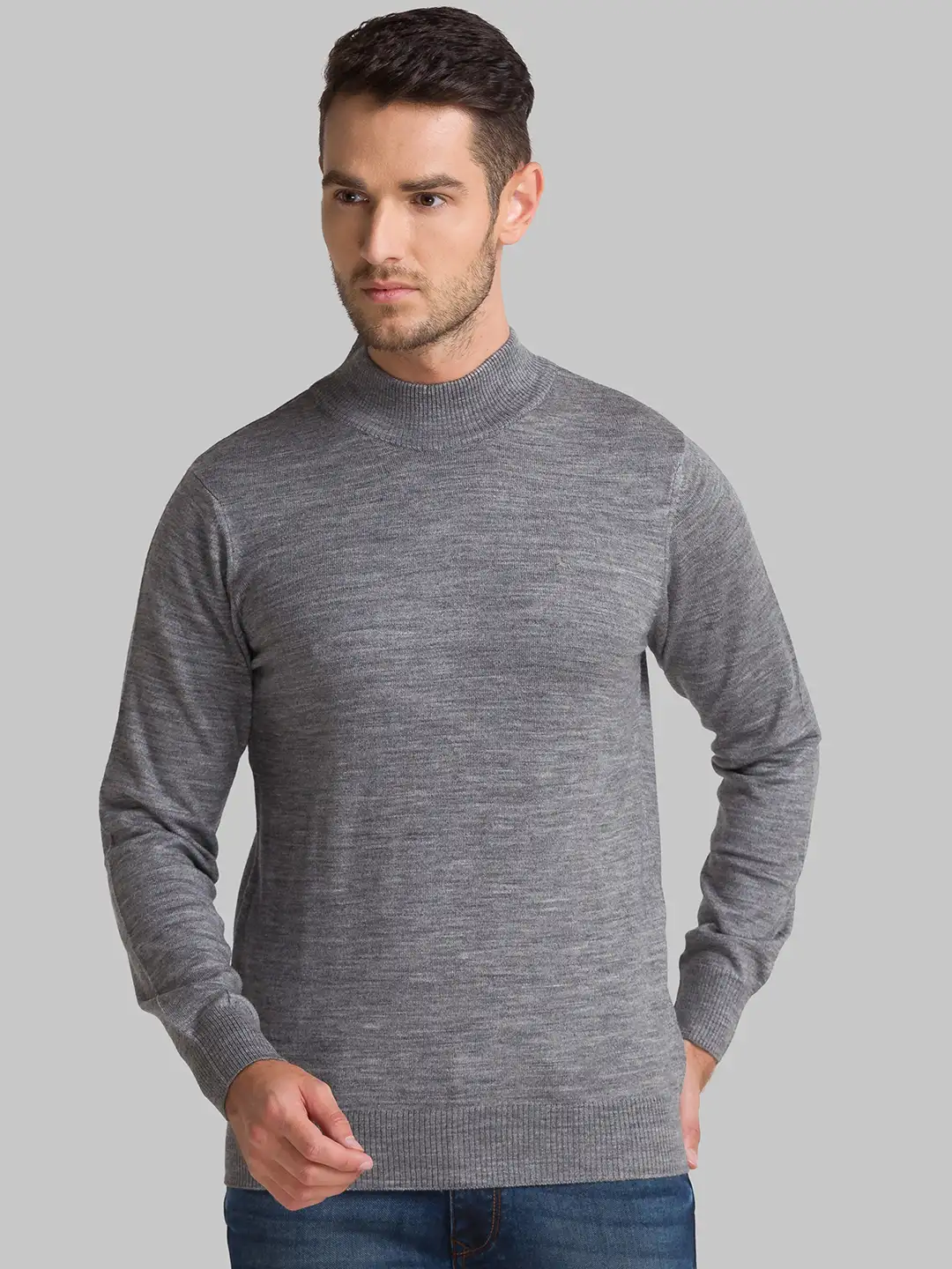 Men Grey Solid Acrylic Wool Blend Full Sleeve Sweaters