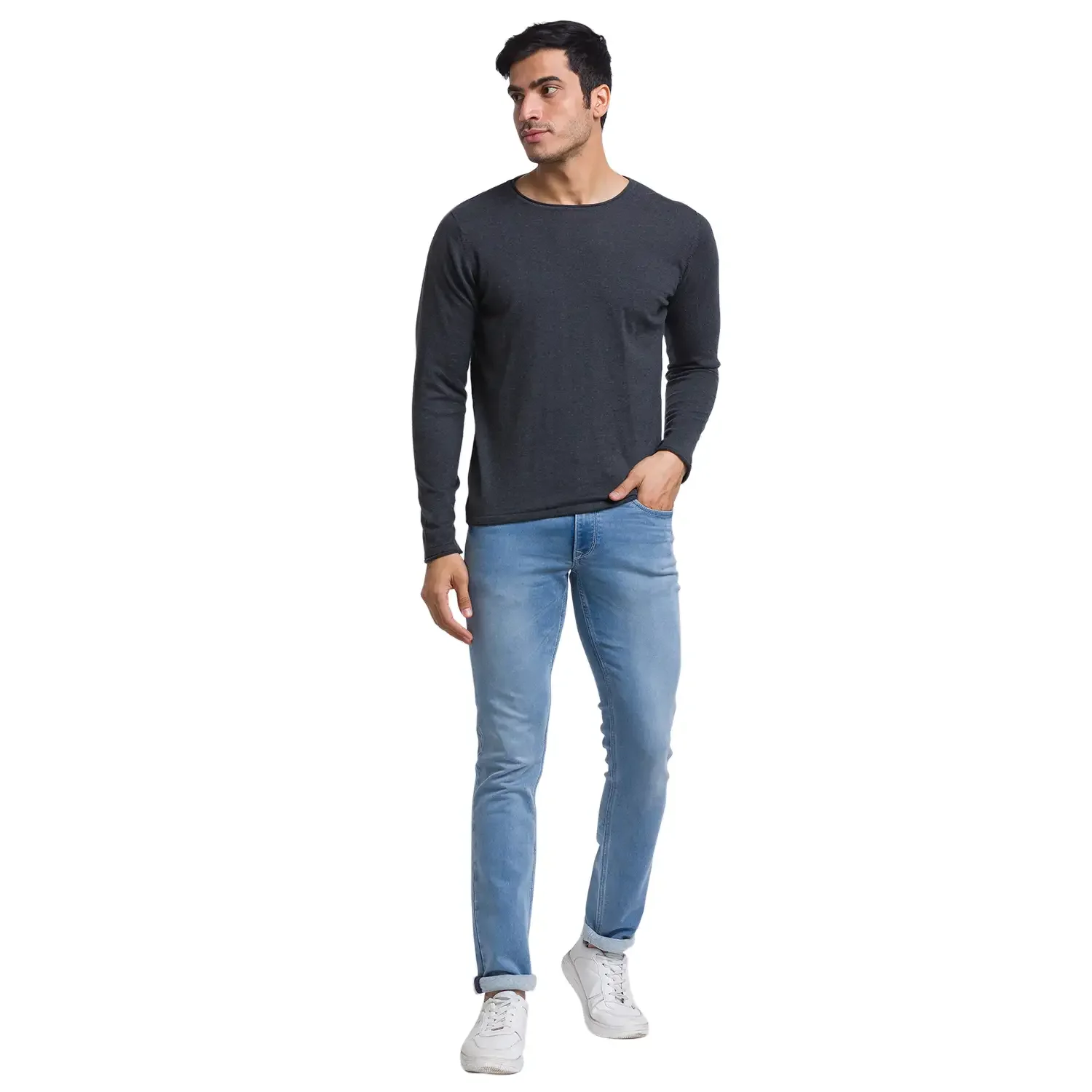 Men Grey Solid Cotton Full Sleeve Sweaters - Image 5