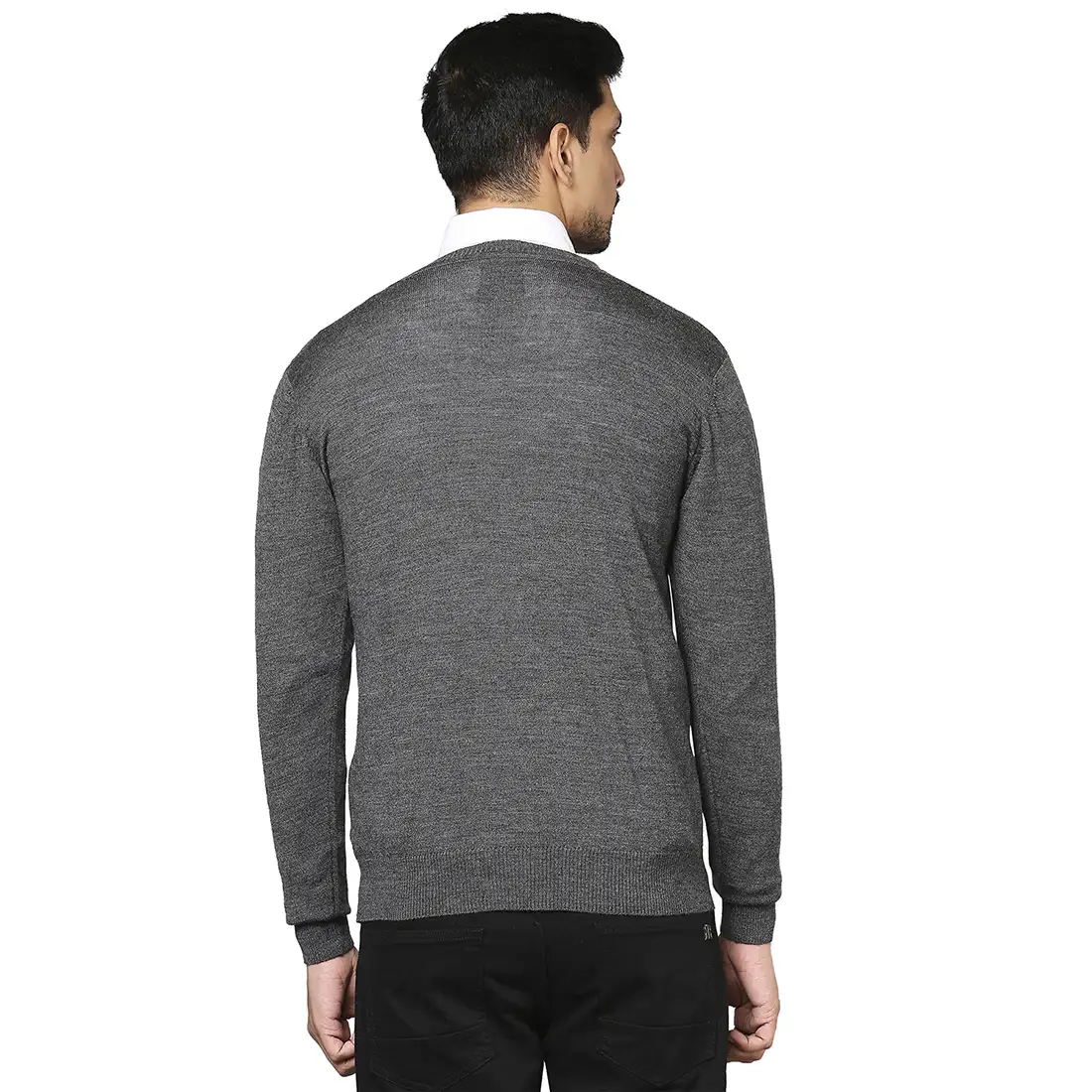 Men Grey Solid Merino Wool Full Sleeve V Neck Collar Sweaters - Image 4