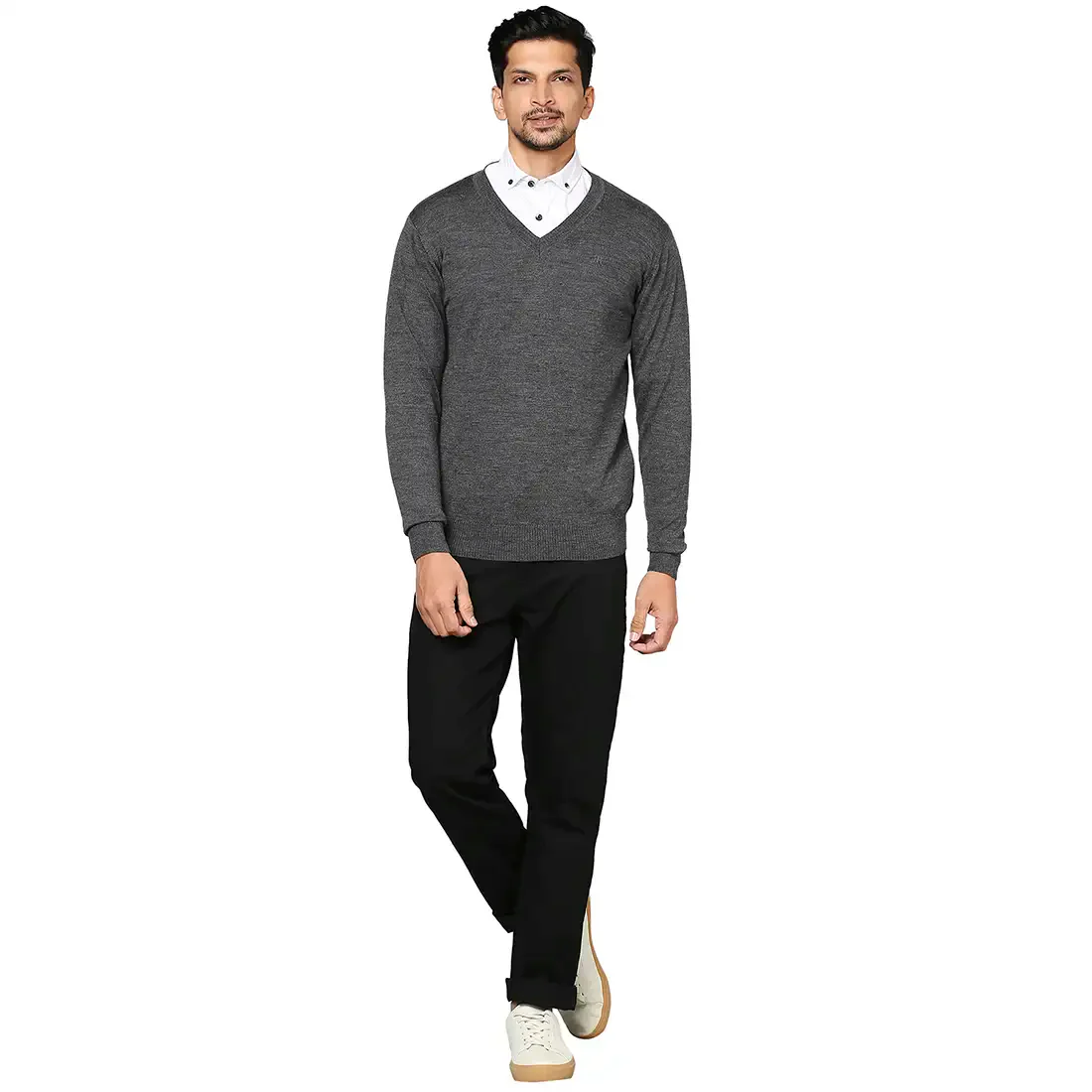 Men Grey Solid Merino Wool Full Sleeve V Neck Collar Sweaters - Image 5