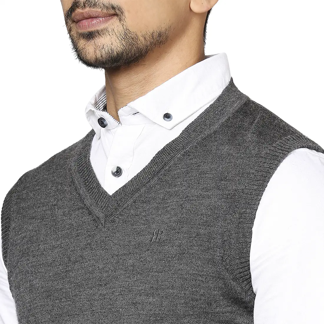 Men Grey Solid Merino Wool V Neck Collar Sweaters - Image 6