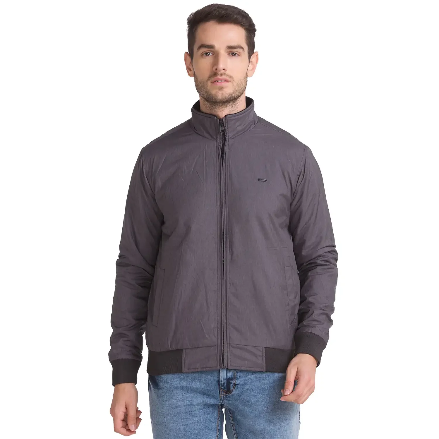 Men Grey Solid Polyester Full Sleeve Jackets