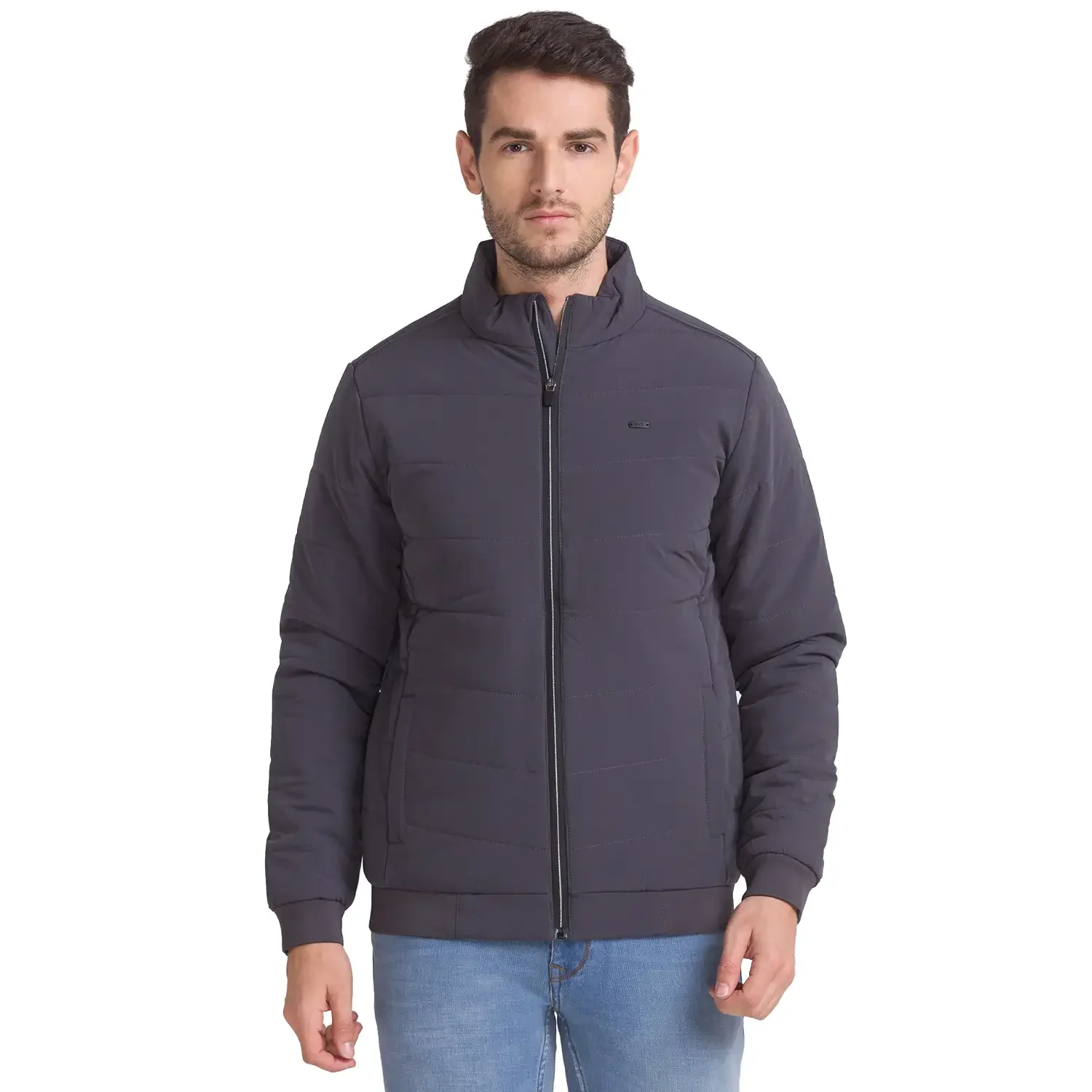 Men Grey Solid Polyester Full Sleeve Jackets
